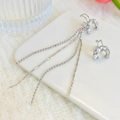 Silver long tassel earrings with white pearls and sparkling crystals in silver finish - Asymmetric Ear Bone Clip Tassel Set Style (N-118)