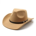 Classic khaki wool felt western cowboy hat with black leather belt and silver buckle - M (56-58cm) / Camel