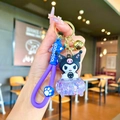 Cute Kuromi keychain featuring a purple wrist strap with a bell and glitter base charm - Purple Luminous Kuromi Car Style