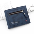 Men's bifold short wallet in dark blue frosted texture with zipper pocket and strap - Blue