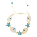 Handmade woven shell bracelet with blue starfish charms and evil eye detail - Starfish (N-245)