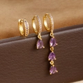 Dreiteiliges Set goldener Creolen mit eleganten lilafarbenen Wassertropfen-Zirkonia - E1693 / Gold-Lila