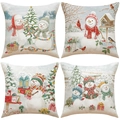 Set of 4 Christmas snowman linen pillow covers with festive winter watercolor illustrations - Watercolor Snowman World Set (YMX20) / Set of 4