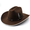 Chapeau de cowboy marron foncé en feutre avec plume et ruban de cuir à rivets métalliques - M (56-58 cm) Réglable / Café avec Bordure Blanche