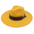 Detail of yellow wool fedora hat featuring wide brim and brown leather belt with metal buckle - Yellow Heart (Black Wide Leather)