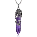 Natural Amethyst hexagonal pendant with vintage silver floral wrap on an O-chain necklace - Purple Crystal