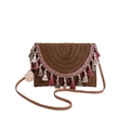 Brown woven straw crossbody bag with colorful tassels, pom-poms and bohemian embroidery - Brown