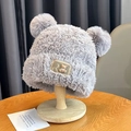 Light gray winter knit hat with cute double plush pom-poms and small bear patch - Violence Bear-Grey