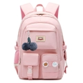 Pink school backpack for girls with multiple pockets and soft plush charm detail - With Leaf Charm Pompom / Pink
