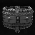 Three-piece black titanium steel bracelet set featuring crown bead and screw design - Black Crown with Black Zircon & Screw Bangle