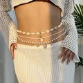 Three-piece waist chain set featuring natural sea shells, pearls, and golden starfish pendants - Shell Artificial Pearl Waist Chain Set (BJ25Y0221)