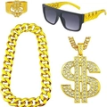 Gold hip hop jewelry set with dollar sign ring, necklace, cuban chain and sunglasses - Twisted Dollar 4-Piece Set