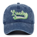 Vintage blue washed baseball cap with Lucky embroidery and clover for St. Patrick's Day - Adjustable / Navy Blue