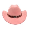 Pink suede western cowboy hat with brown studded leather band and vintage metallic emblem - One Size / Dusty Pink
