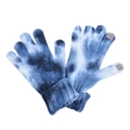 Detail showing blue tie-dye knit gloves with gray touchscreen-compatible fingertips - Tie-Dye Navy