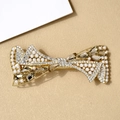 Golden metal bow hair clip with white faux pearls and sparkling champagne crystals - Qing Ni Lemon Yellow