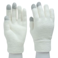 Detail of white knit touchscreen gloves showing grey conductive yarn on three fingertips - White