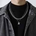 Silver double-layered Cuban chain necklace with Gothic letter pendant for men - Letter X (Double Chain + Pendant)