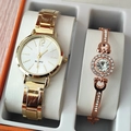 Close-up of gold quartz watch and rose gold rhinestone bracelet set in a gift box - Gold Watch Round Rhinestone Bracelet Set