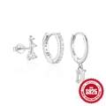 Set di orecchini in argento S925 in oro bianco con borchie in zirconia e cerchi - Stile 1 (Pendaglio in Zircone Rettangolare + Cerchio Pavé + Lobo a 3 Pietre) / Oro Bianco
