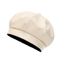 Chic cream white PU leather newsboy cap with button top for a vintage autumn fashion look - M (56-58cm) / Beige
