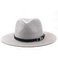 Chapeau de soleil Fedora gris clair en paille avec bandeau noir et boucle argentée - Gris