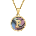 Golden 18K titanium steel necklace with a round initial P pendant in colorful shell finish - Gold P