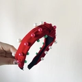 Red knotted headband for Christmas with colorful faux pearls and rhinestone decor - Pearl Red