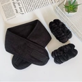 Detail of black microfiber headband with velcro and elastic wristbands set for skincare - Black Set (1 Headband + 2 Wristbands)