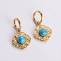 Vintage gold-plated earrings with square floral relief and blue marble stone center - Retro Square Lace Blue Stone Earrings (AMLEH118)