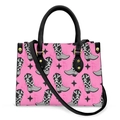 Pink and black cowgirl boot pattern PU leather tote bag with star motifs and top handles - Pink Print/Cowboy Boots/Black Handle