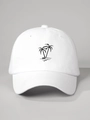 Detailed close-up of black coconut tree embroidery on white cotton baseball cap - One Size / White