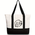 Minimalist canvas tote bag with black and white floral design and letter U print - Willow Floral Letter U / 46*12*31CM