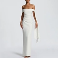 Elegant white strapless maxi dress with side ribbon detail and slim fit design - S / White