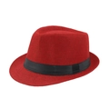 Detailed texture of red woven fedora hat with a black decorative band and wide brim - Adult Size (Approx 58cm) / Red Straw With Black Ribbon