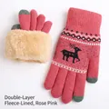 Double-layered fleece winter knit gloves in rose red with deer pattern and touchscreen tips - Double Layer Fleece Elk Style / Rose Red