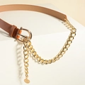 Brown leather belt with gold chain combination and horseshoe buckle for women - 105cm / 19205 Pin Buckle Camel Gold