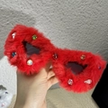 Red plush heart-shaped sunglasses with colorful rhinestones and dark lenses - Red Plush With Rhinestones
