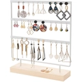 Three-tier white metal earring organizer with 144 holes and a natural wood base detail - 69 Holes White