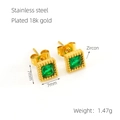 Boucles d'oreilles en acier inoxydable plaqué or 18 carats avec zircons verts carrés - Zircone Vert Paon