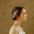 Elegant bridal hair comb with gold flowers and pearls worn on a classic updo hairstyle - 8# KC Gold Hair Comb