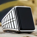 Close-up of vintage silver-tone men's ring with a large rectangular black stone. - AJZ3565-Rectangular Black Stone Geometric