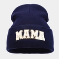 Close-up of MAMA chenille letter patch on navy blue knitted beanie for women - One Size / Navy Blue