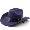 Détail chapeau de cowboy en daim bleu foncé avec ruban cuir et emblème d'étoile - M (56-58cm) / Bleu marine