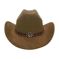 Classic brown western cowboy hat with studded leather band and vintage metal medal - One Size / Army Green