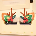 Christmas reindeer antler hair clip with brown fur, green leaves, and gold bells - Hair Clip 6# (Pair)