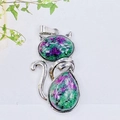 Cat shaped alloy pendant with silver frame and pink green crystal gemstone - Ruby Zoisite