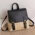 Women's woven straw backpack with black leather flap and gold buckles in white and black - Black
