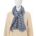 Blue and white houndstooth cashmere-like scarf with fringe on a mannequin - Large Houndstooth Blue