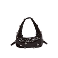 Chic dark patent leather underarm bag with silver spherical rivets and curved silhouette - Coffee